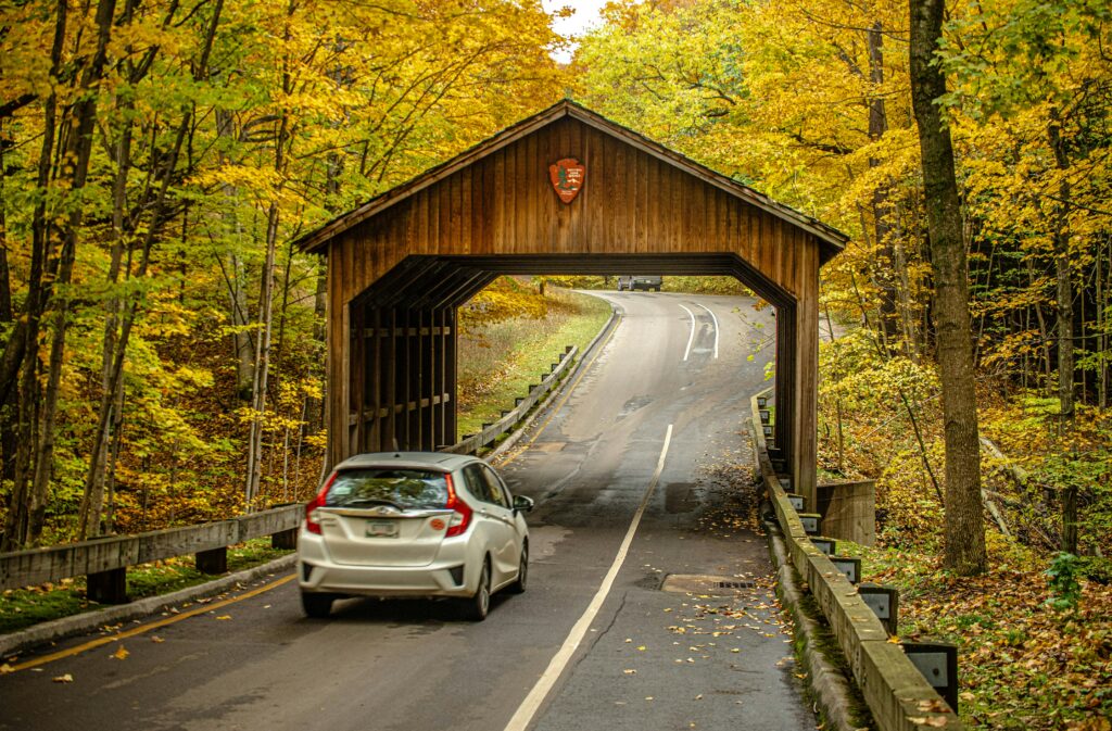 White hatchback car driving in the woods through a wooden national park wooden covered bridge