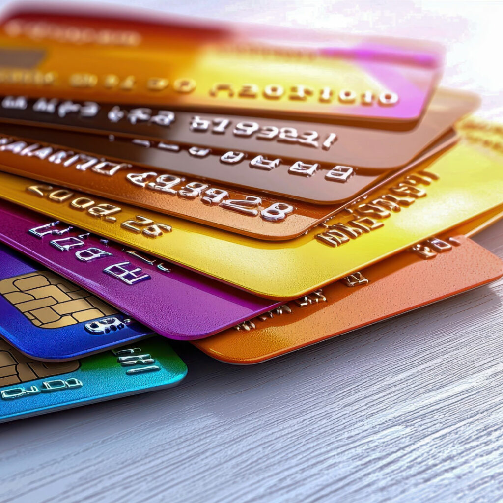 Stack of multicolored credit cards