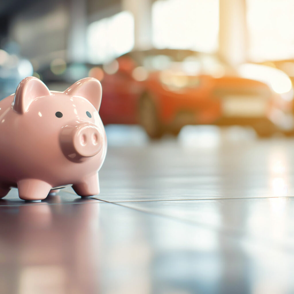 Piggy bank in front of car